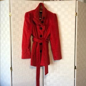 Belted ladies pea coat with ruffled collar